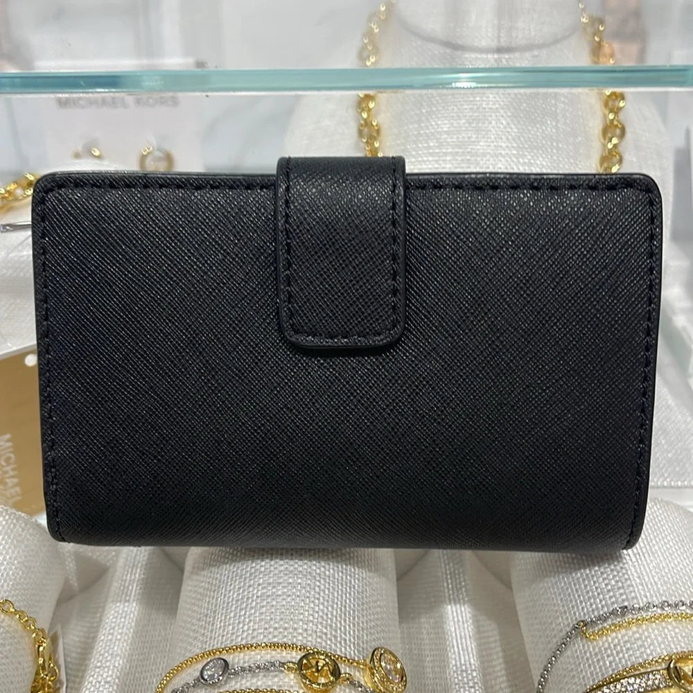 Michael Medium Crossgrain Leather Bifold Wallet Black  NWT